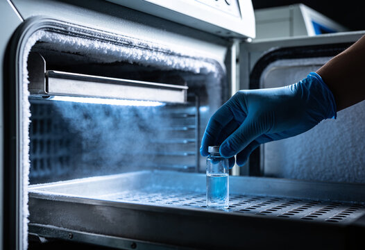 Hand in blue glove placing medical glass vial or vaccine into ultra low temperature laboratory freezer for storage, scientific research lab, pharmaceutical sample preservation, clinical.