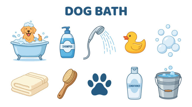 Happy puppy grooming set for dog bath vector