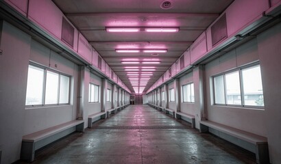 Naklejka premium Pink neon-lit train station corridor with benches and windows, evoking a surreal, atmospheric urban scene.