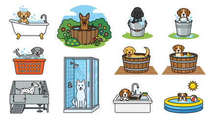 Cute domestic pets enjoying a dog bath vector collection