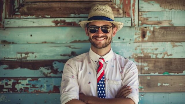 Smiling young white male with hat and sunglasses is standing against rustic, weathered wooden background
