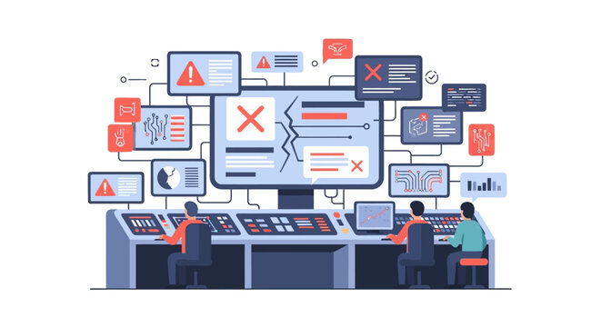 IT Technicians Monitoring Server System Errors and Cybersecurity Alerts in Network Operations Center Illustration
