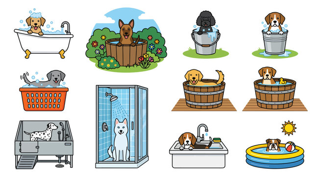 Cute domestic pets enjoying a dog bath vector collection
