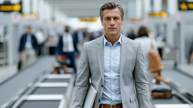 A stressed traveler juggling shoes, laptop, belt and liquids bag across multiple security screening trays in a long busy airport security checkpoint queue, trying to keep up with t