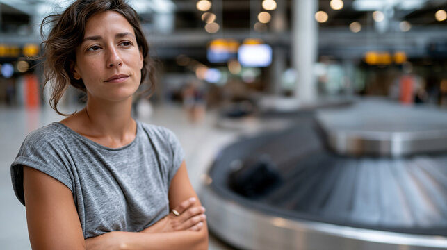 A worried passenger standing alone beside an empty airport baggage carousel belt after all other passengers have left with their bags, looking anxiously at the stopped belt with ju