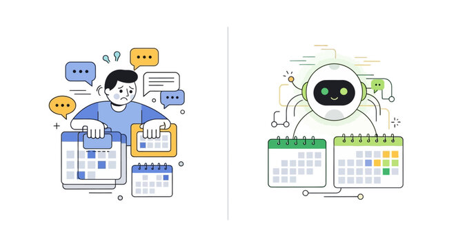 AI Automation vs Human Stress for Time Management and Scheduling Concept Illustration