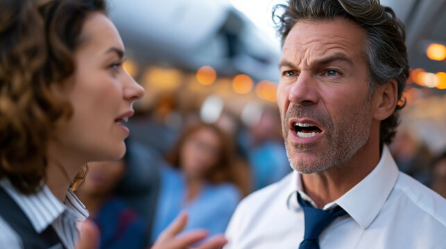 A flight attendant calmly managing a difficult situation with an agitated passenger in the airplane aisle, the passenger gesturing in complaint while nearby seated passengers look