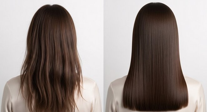 Before and after hair transformation showcasing smooth shiny straight hair with improved texture and health for a stunning polished look