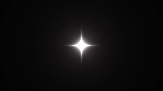 Single sparkling star twinkle glitter motion graphics, white flat vector cartoon doodle blinking with bright glow burst, starlight, and blinking sparkle effect on a black screen video. 4k video