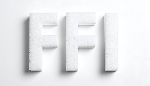 Three white textured letters, "FFI", cast shadows on a white surface, lit evenly