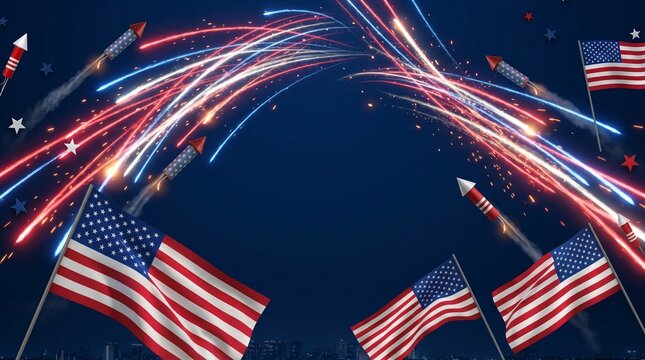 Patriotic United States Independence Day Celebration Background Featuring Multiple American Flags Rocket Fireworks Red White And Blue Light Trails Across Night Sky With Spacious Copy Space
