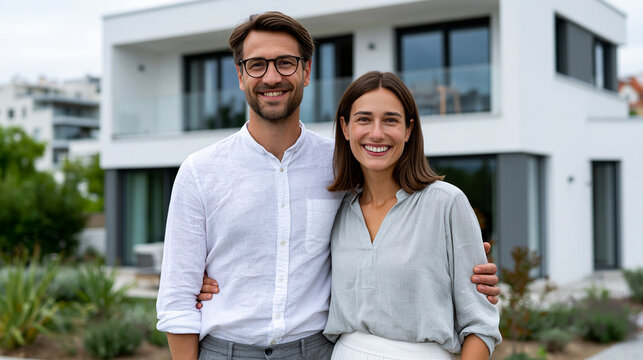 Commercial stock photo of an adult couple admiring a newly purchased modern home from the backyard, man in his late 30s, Caucasian, realistic face, short brown hair, glasses, satis