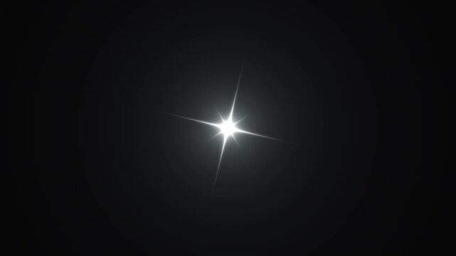 Single sparkling star twinkle glitter motion graphics, white flat vector cartoon doodle blinking with bright glow burst, starlight, and blinking sparkle effect on a black screen video. 4k video