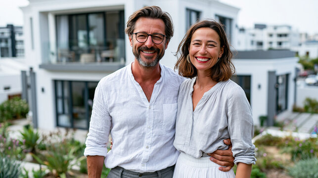 Commercial stock photo of an adult couple admiring a newly purchased modern home from the backyard, man in his late 30s, Caucasian, realistic face, short brown hair, glasses, satis