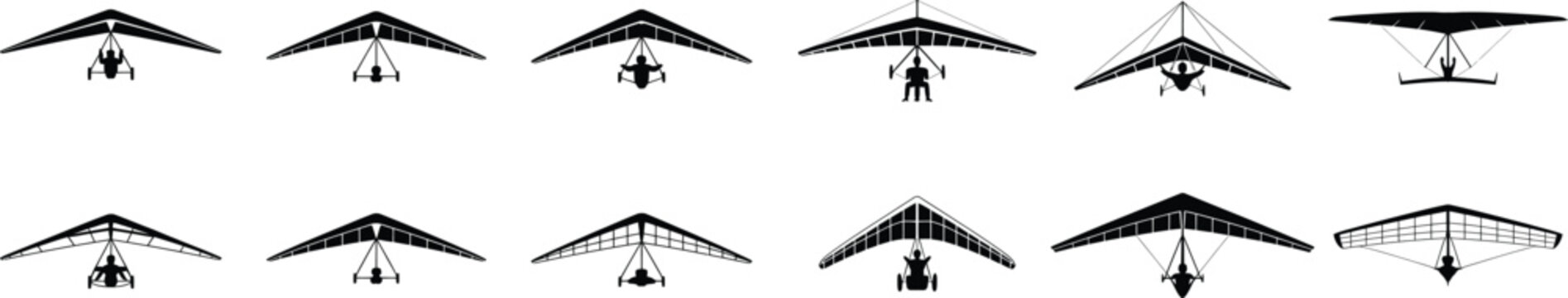 Hang gliding extreme sports icons set for air adventure outdoor activity flying equipment silhouettes person hanging under triangle shaped wings.
