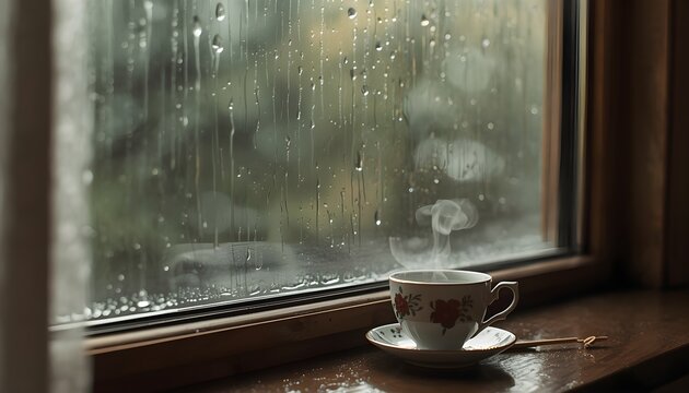 Steaming tea cup with floral design on a wooden windowsill overlooking rainy window