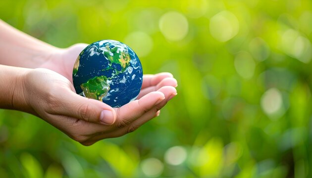 Two cupped hands tenderly hold a miniature Earth globe against a blurred green backdrop