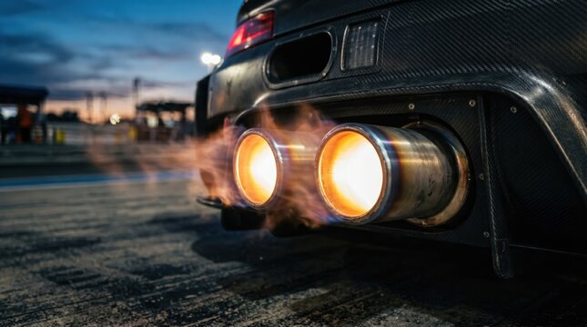 Racing car exhaust pipe with fire flame spitting out on speed track. High performance sports vehicle engine backfire during circuit competition. Automotive power and extreme speed concept.