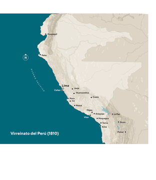 Historical Vector Map of the Viceroyalty of Peru (1810) with Cities and Topographic Relief