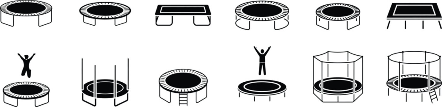 Collection of trampoline icons, various shapes and sizes, for sports and recreation websites and apps.