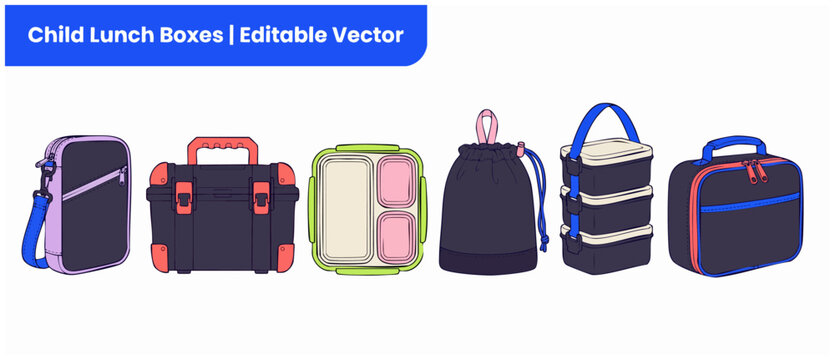 Child lunch box vector set with colorful food containers, bento boxes, drawstring bag, insulated thermal carrier, and kids school lunchboxes isolated on a white background for graphic design projects.