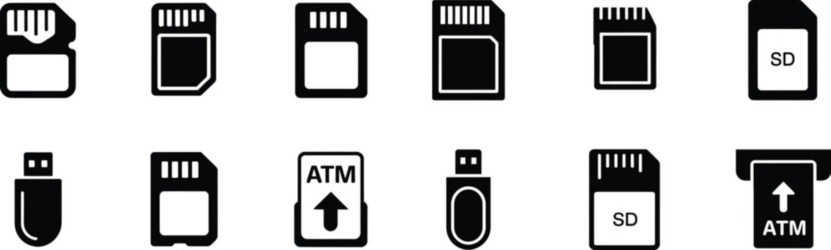 Set of various digital storage devices like SD cards USB flash drives and SIM cards icons on transparent background.