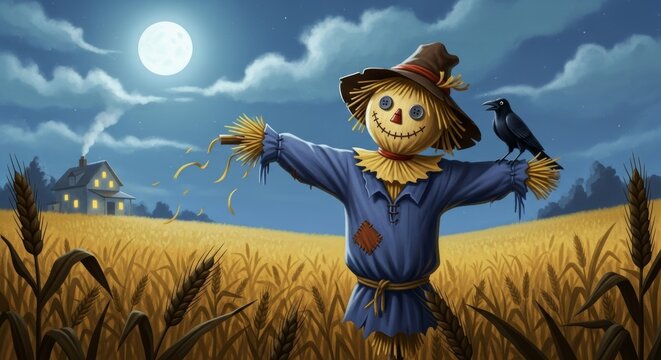 Scarecrow stands in the center of a golden wheat field under a bright full moon at night.