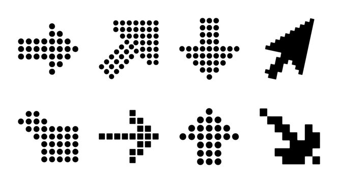 Pixelated Arrow Icons Set, Digital Cursor Pointer Collection, Retro Navigation Symbols, Vector Graphic Elements