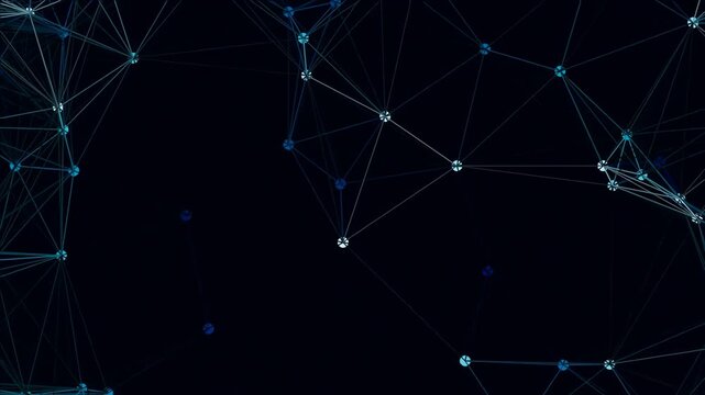 n intricate plexus network of glowing blue nodes and interconnected lines spans across a dark, futuristic abstract background.