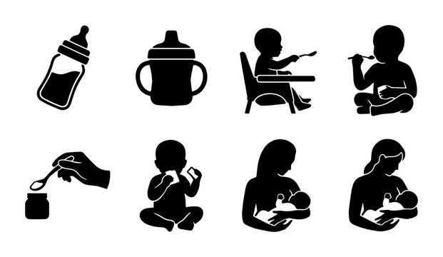 Baby Feeding Icons Set: Bottle, Sippy Cup, Solids, Breastfeeding, Nutrition, Care, Silhouette Vector Graphics