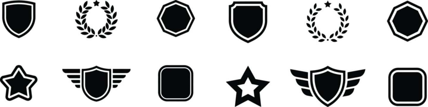 Shield and laurel wreath icons collection featuring star and wing elements with geometric frames for military award or achievement branding.