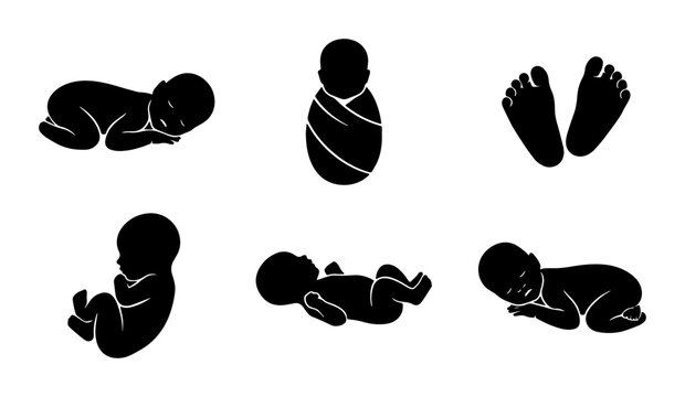Baby Silhouette Icons Set: Newborn Poses, Swaddled Infant, Footprints, Vector Graphics for Maternity and Childhood Themes