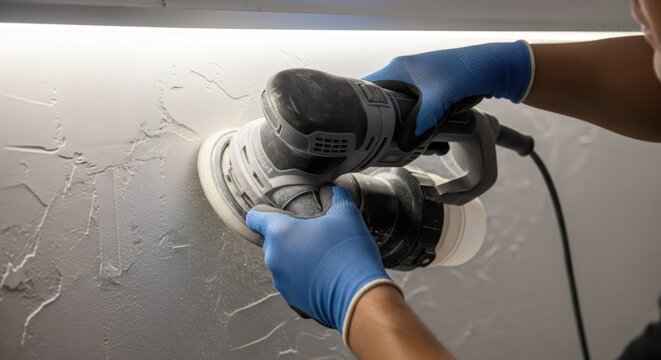 Man worker using electric sander to smooth wall surface. Professional plasterer finishes interior decoration in house. Home renovation, construction, improvement and maintenance concept.