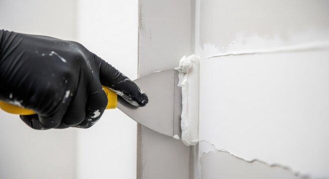 Worker applying plaster to a drywall seam with a spatula. Professional builder using putty to smooth wall joints during renovation. Home improvement and construction finishing work.