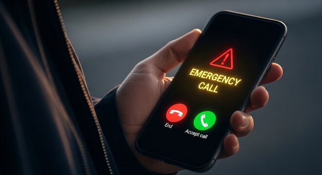 Close-up of a person holding a smartphone with an emergency call screen showing a red triangle warning icon and green and red call buttons in a dark setting