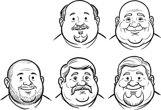 Plus Size and Overweight Man Avatar Vector Icon Set with Expressive Male Faces, Chubby Beard Portraits, and Smiling Heavy Head Outlines for Graphic Designs
