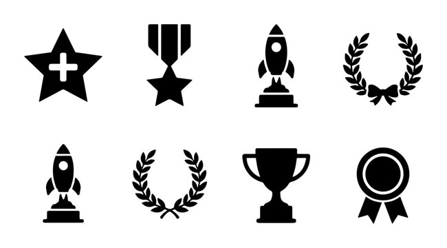 Achievement Icons: Star Award, Medal, Rocket Trophy, Laurel Wreath, Cup Trophy, Rosette, Vector Set