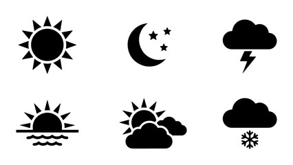 Fototapeta premium Weather Icons Set: Sun, Moon, Clouds, Storm, Snow, Sunrise, Vector Graphics for Forecast and Climate