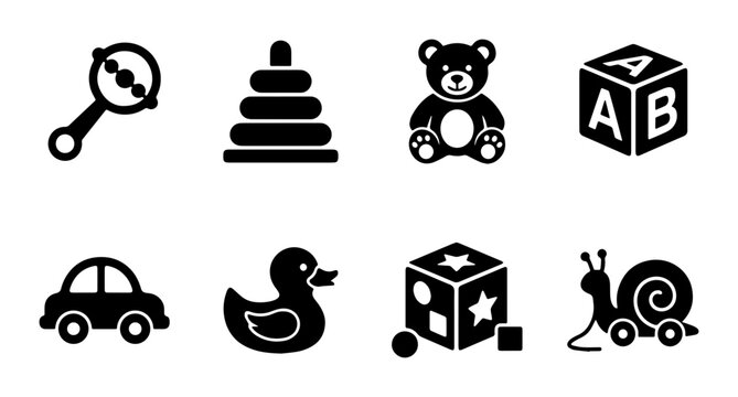 Vector Icons: Classic Baby Toys, Teddy Bear, Stacking Rings, Rattle, Toy Car, Rubber Duck, Blocks, Snail Toy