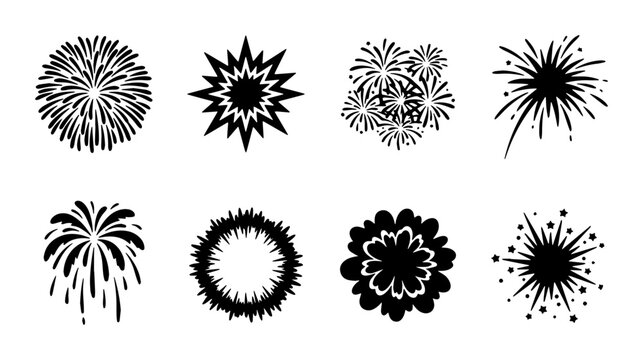 Explosive Fireworks Icons Set, Festive Celebration Starburst Vector Graphics, Dynamic Pyrotechnic Displays, Holiday Event Symbols