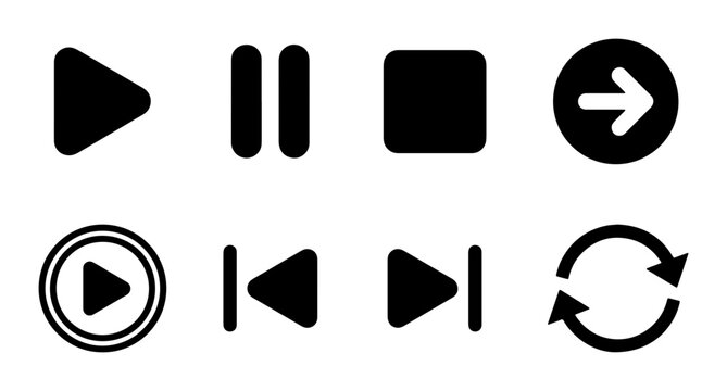 Set of 8 Black Play, Pause, Stop, Next, Rewind, Fast Forward, and Repeat Icons, Vector Graphics for Media Controls