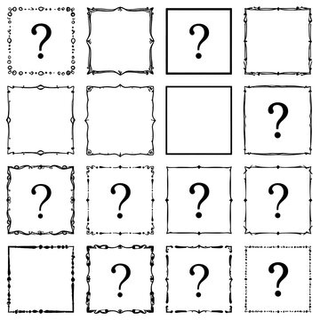 A grid of 12 black and white rectangular frames with question marks