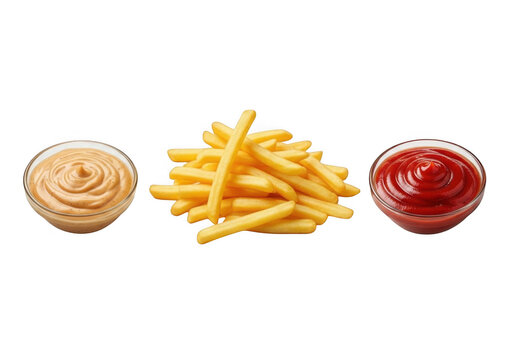 Delicious fries with ketchup and mayo dipping sauces