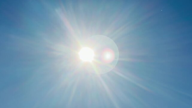 The bright sun shines with intense rays in a clear blue sky. Tiny white poplar fluff drifts through the air. It creates a warm and peaceful summer vibe.