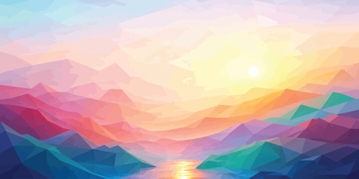 Geometric mountain landscape with sunset reflections mountains geometric landscape reflection abstract triangles colorful background stylized illustration creative environment dramatic