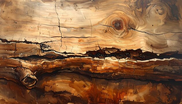 Detailed petrified wood grain texture extreme close up showing natural cracks and rings in a realistic photo with warm natural lighting filling the entire frame.