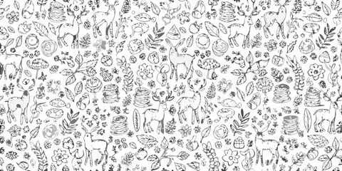 Forest themed Floral Ornament Hand drawn Line Art Pattern On White Background © Juran