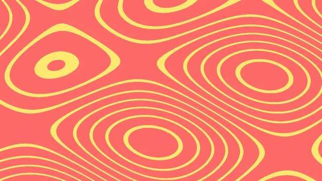 A vibrant topographic pattern of swirling yellow lines forms rhythmic concentric rings across a solid coral pink background.
