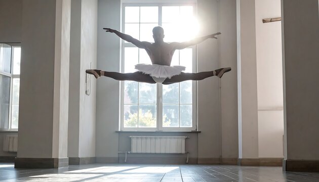 A ballet dancer in mid-air, performing a graceful jump with outstretched arms and legs in a studio