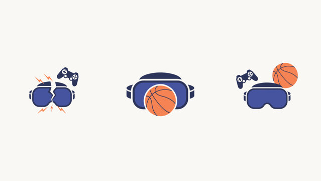 Virtual reality basketball and gaming controller icons with broken controller